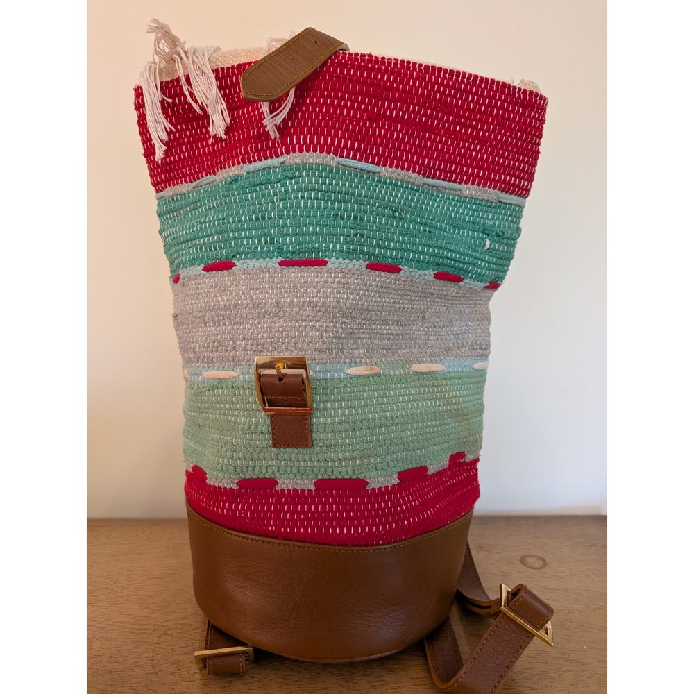 Boho Woven Textile Leather Bucket Backpack Fringe Multi-Color Striped Purse - Picture 8 of 14